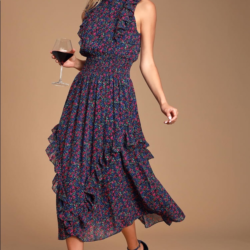 Lulu’s Evalina Navy Blue Floral Print Mock Neck Midi Dress